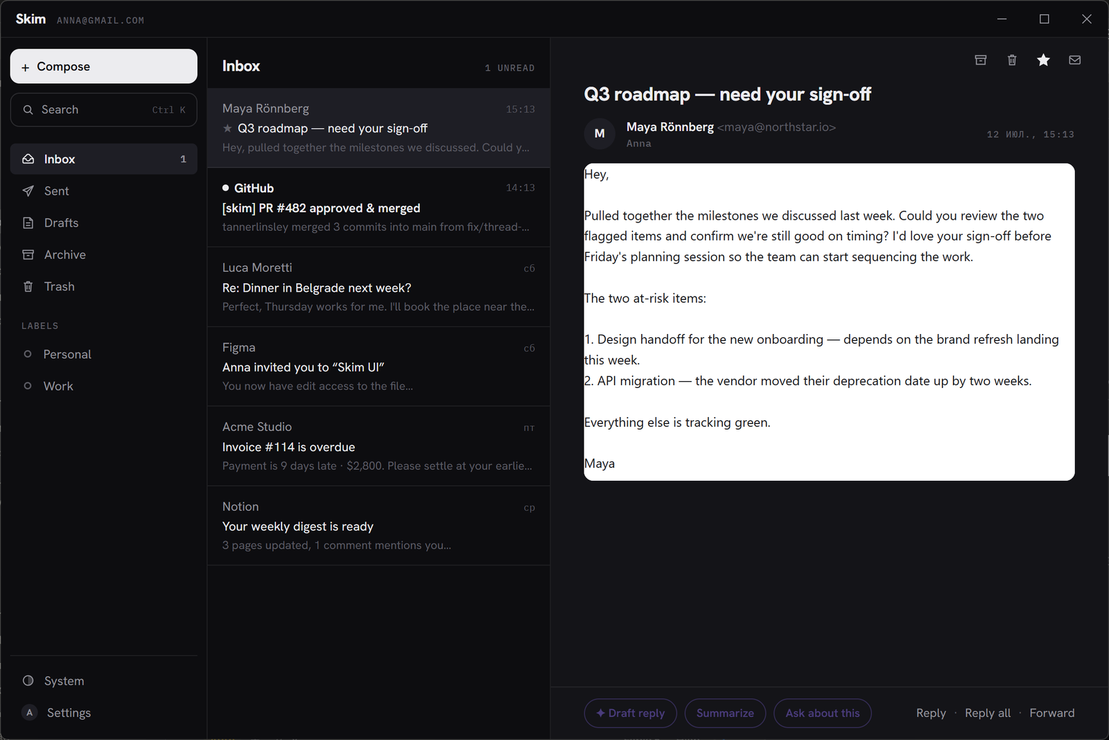 Skim — dark theme with AI features