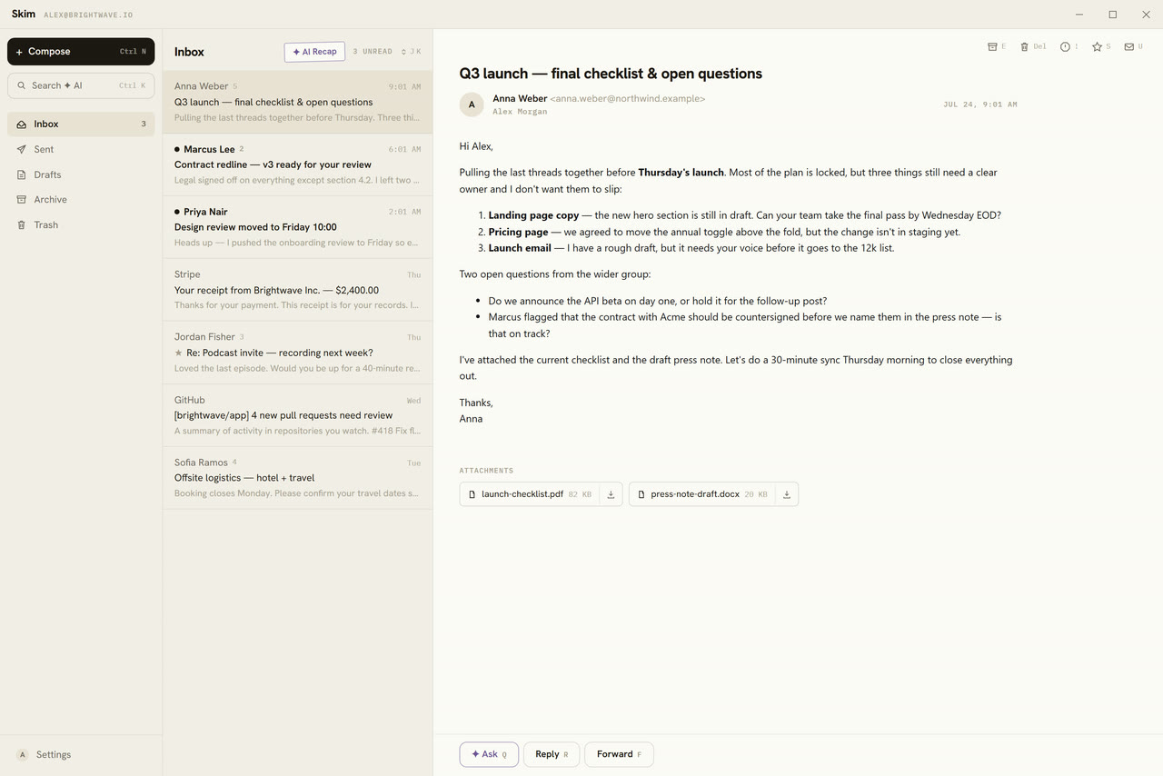 Skim — light theme, three-pane email client